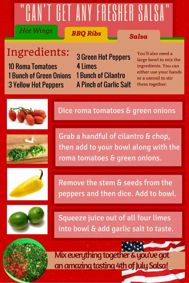 verticle stacked infographic for danielle jacqueline photography blog detailing fourth of july salsa recipe for holiday gatherings in olive branch mississippi for families