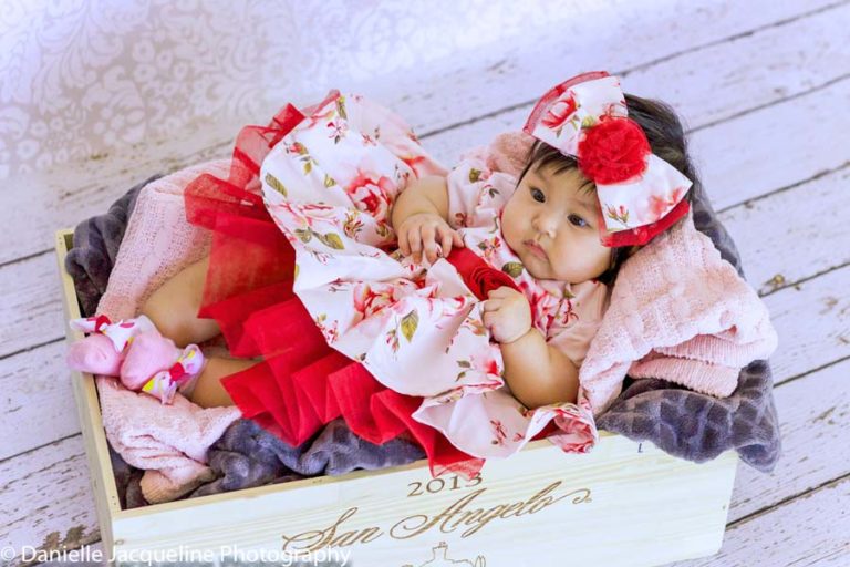 white wooden flooring backdrop at olive branch photography studio where young infant girl is tucked into decor box in pretty pink dress with frillies and bows comfortable newborn portraits in memphis tn by danielle jacqueline