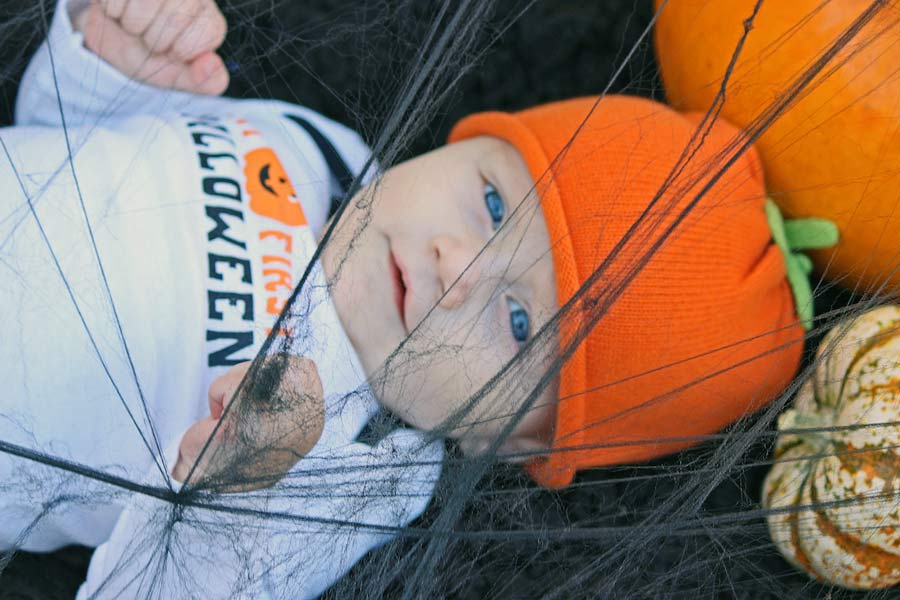 handsome blue eyed baby boy playing with fake spider web material wearing pumpkin beanie and my first halloween onesie for parents in desoto county ms by danielle jacqueline photography