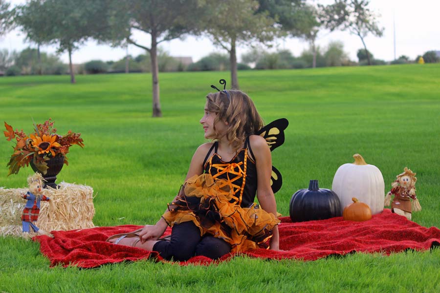 autumn colored blanket and props outside with natural light at park in grass with trees in the background daughter photography ideas in fall before trick or treating in neighborhood in orange and black butterfly costumer by danielle jacqueline in desoto county ms