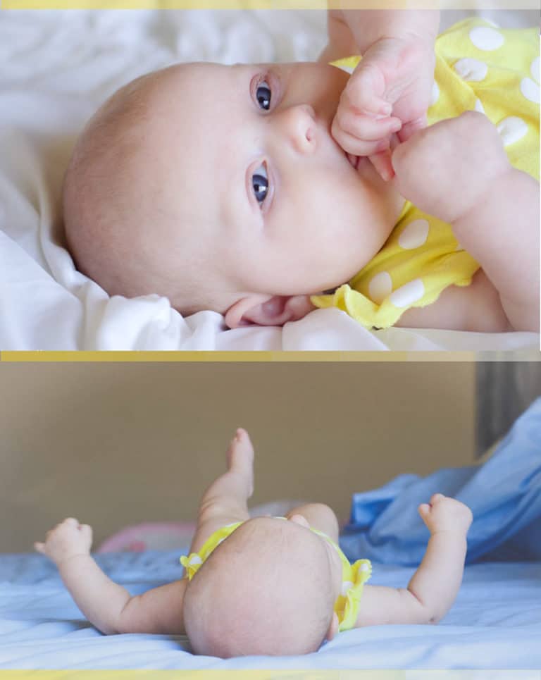 baby girl with fingers in mouth looking at camera stacked on top of portrait of her laying on bed with blue bed sheets arms and feet in air top of head by danielle jacqueline in memphis tn