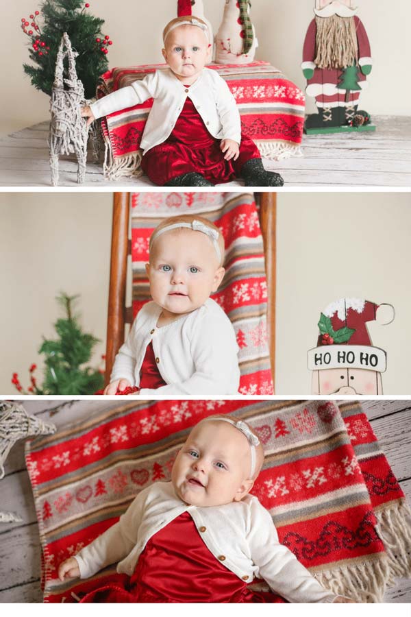 array of infant christmas pictures with red and white theme with hint of forrest green blanket and other holiday props inside danielle jacqueline photography studio in olive branch ms