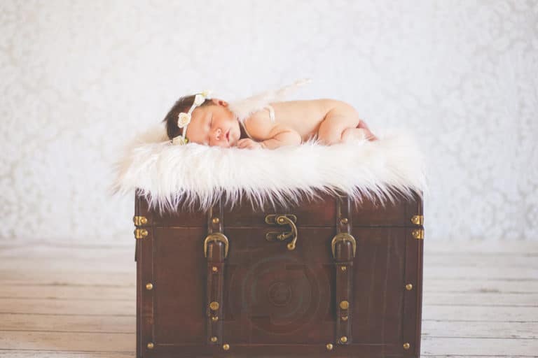 huge trunk chest wooden with horse remains family memento on white zero gravity backdrop photography studio for new baby photo session with danielle jacqueline in olive branch ms