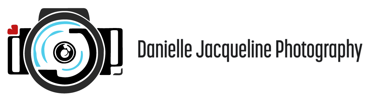 cool custom photography logo with sky blue and red to mix with black for website of danielle jacqueline photography