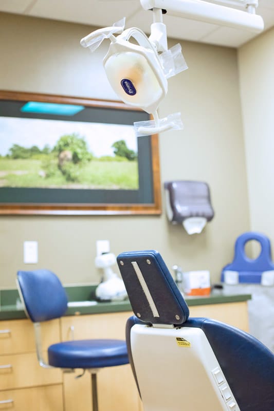 vertical image of pediatric dental chair navy blue in examination room for local business website photos by danielle jacqueline out of olive branch ms