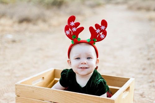 little girl toddler in wooden basket with reindeer antlers on head for holiday family portrait session by olive branch photographer danielle jacqueline colorful memorable moments