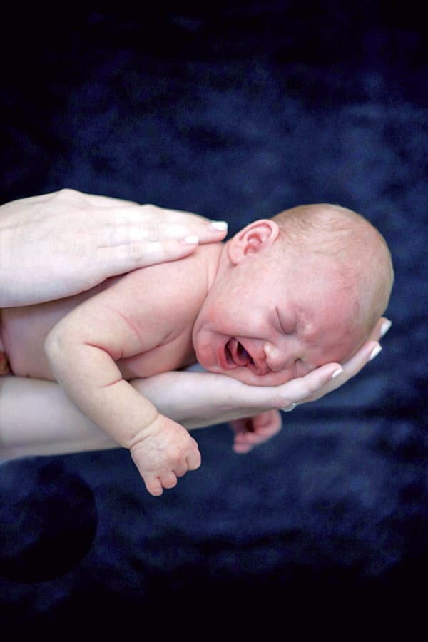 newborn baby coupled in the palms of mother's hands with solid dark blue backdrop beautiful pro life imagery of newborn crying premature by danielle jacqueline in olive branch ms