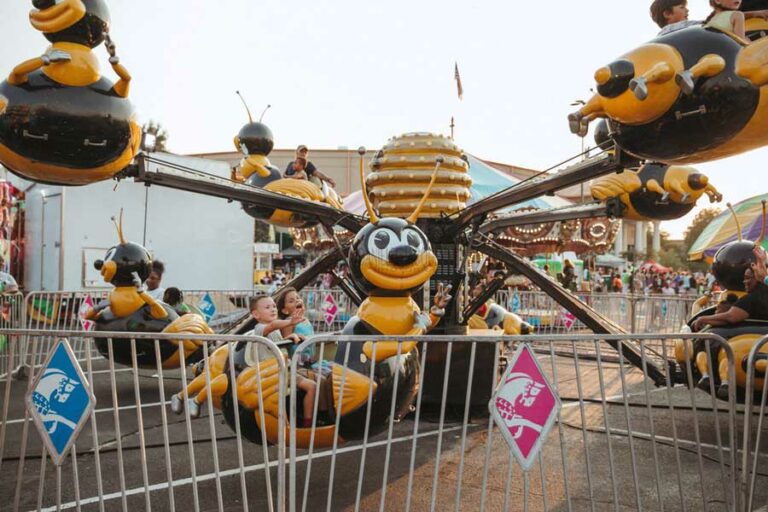 bumble bee kids ride going up and down and two little friends point at the other attractions at the fairgrounds in southaven mississippi by danielle jacqueline photography